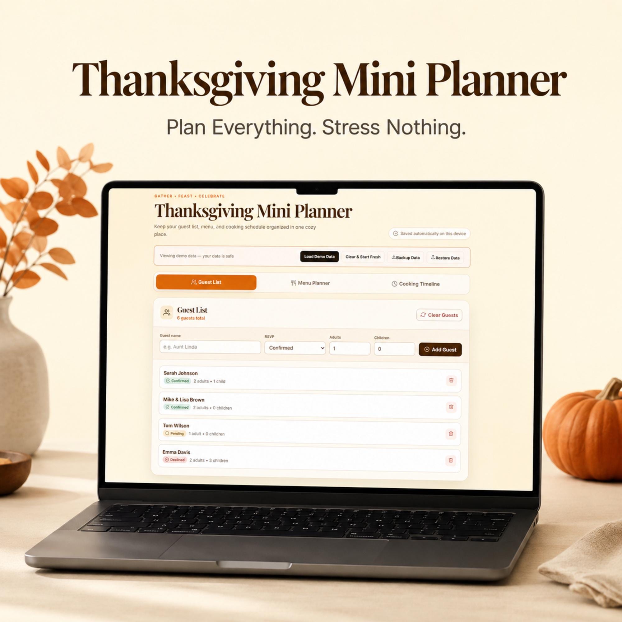 Interactive Thanksgiving Planner Web App: Guest List, Menu & Cooking Timeline digital product preview