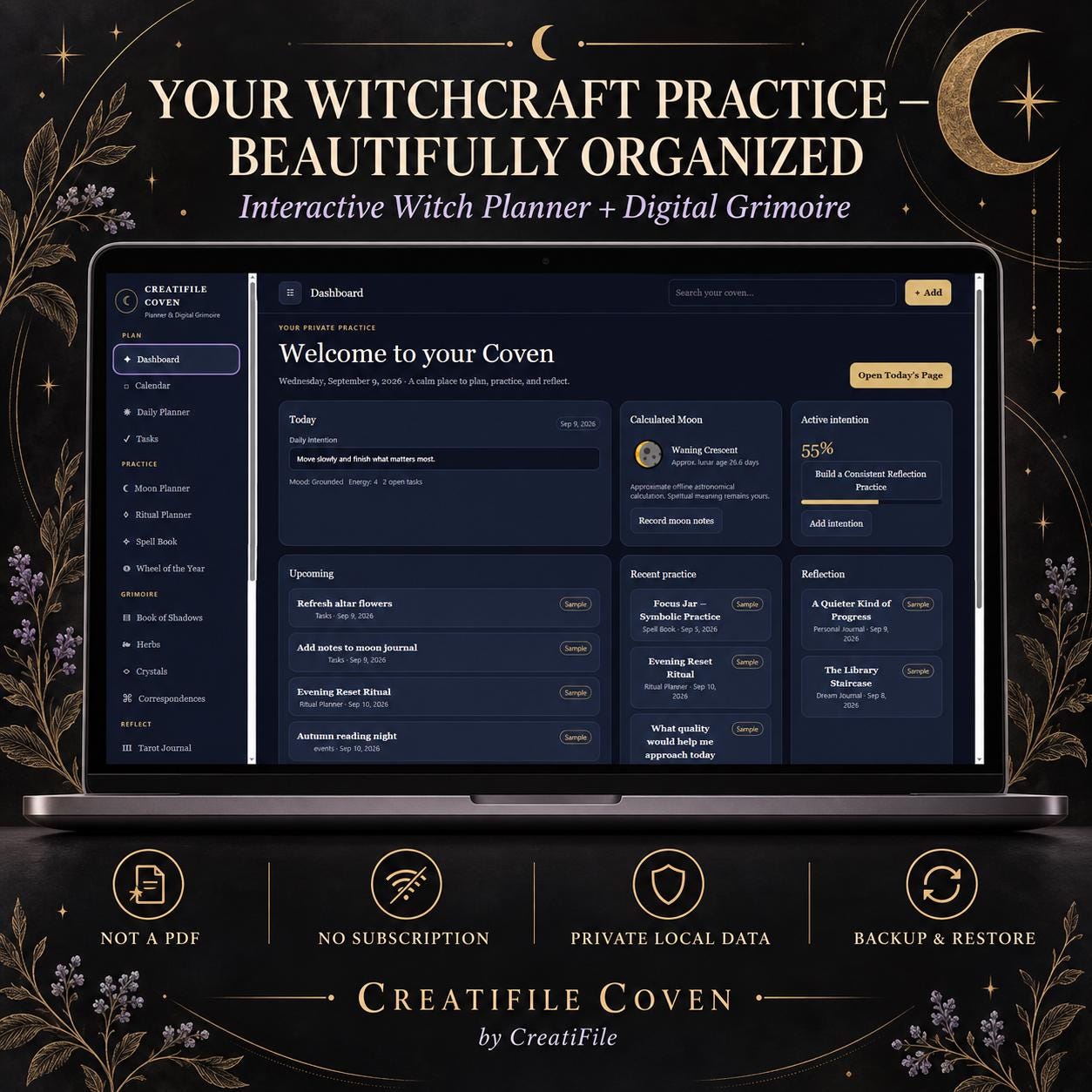 Witch Planner | Digital Grimoire | Interactive Book of Shadows | Tarot & Moon Journal digital product preview