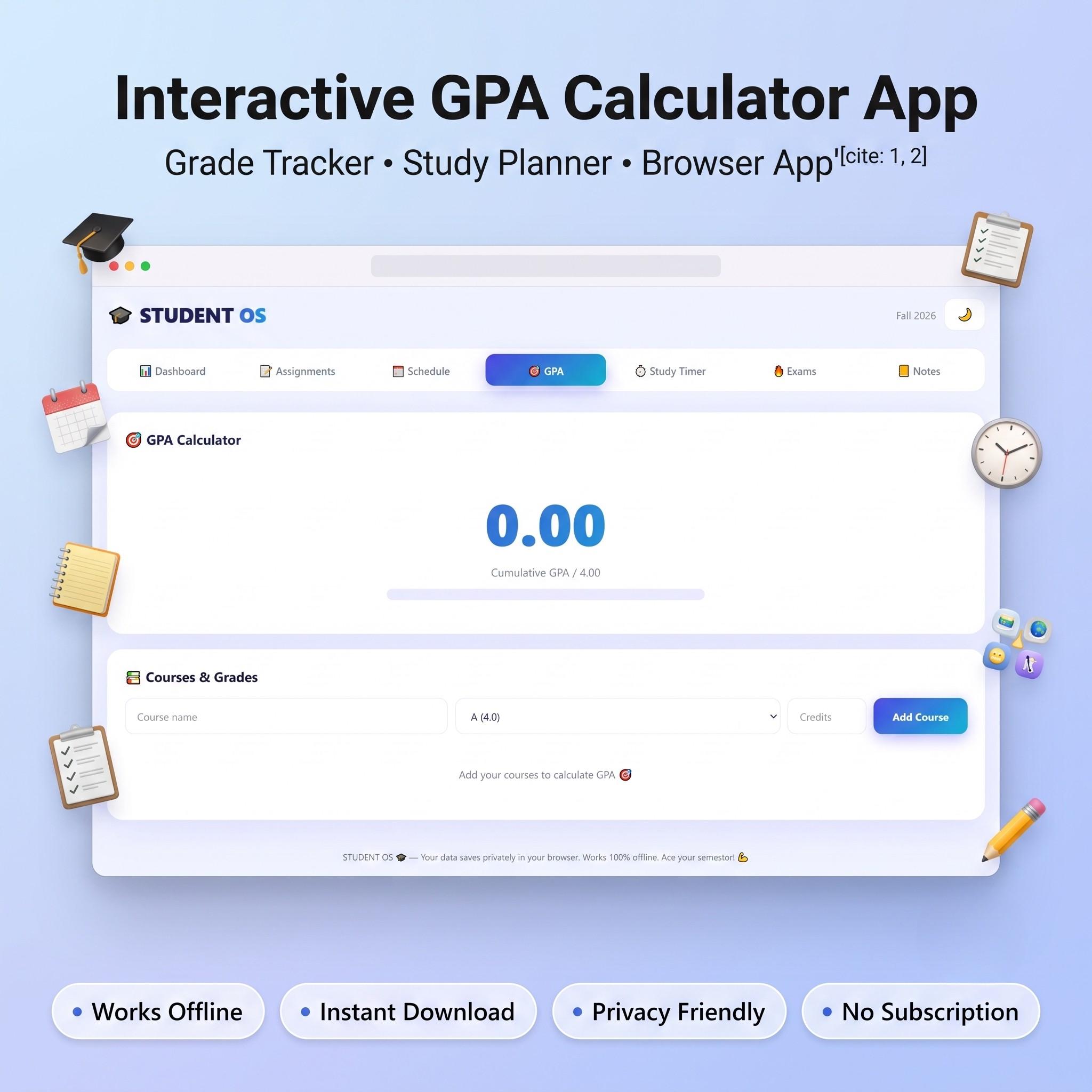 Interactive GPA Calculator App, Grade Tracker, Study Planner (Browser App) preview