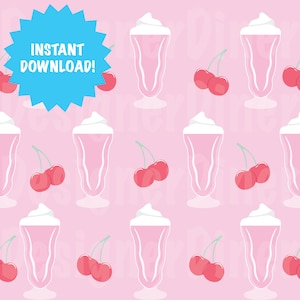 Puede incluir: Patrón repetido de batidos rosas cubiertos con crema batida blanca y pares de cerezas rojas sobre un fondo rosa claro. Una forma de estrella azul contiene las palabras "¡DESCARGA INSTANTÁNEA!"