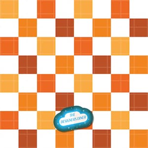 May include: A repeating checkered pattern consisting of white, light orange, and dark orange squares. A blue, cloud-shaped emblem is positioned near the bottom center, featuring the text THE DESIGNERS DINER in a white, stylized font.