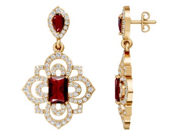 Garnet Drop Earrings, Gold Floral Dangle Earrings, Statement Earrings, Vintage Inspired Diamond Halo Earrings, Bridal Jewelry Gift for Her