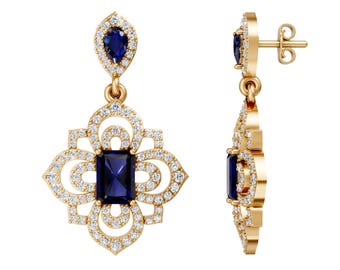 Blue Sapphire Drop Earrings, Gold Floral Dangle Earrings Statement Earrings, Vintage Inspired Diamond Halo Earrings, Bridal Jewelry Gift