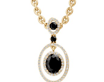 Oval Cut Black Onyx Pendant Necklace in 14K Yellow Gold, Halo Diamond Style Drop Necklace, Bridal Gift Jewelry