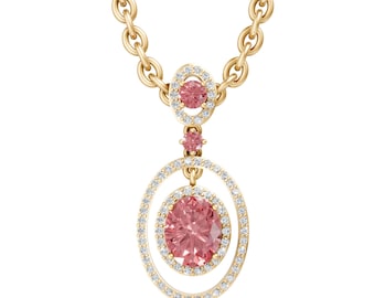 Oval Cut Morganite Pendant Necklace in 14K Yellow Gold, Halo Diamond Style Drop Necklace, Bridal Gift Jewelry
