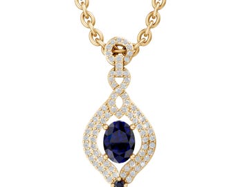 Oval Cut Blue Sapphire Pendant Necklace in 14K Yellow Gold, Halo Diamond Style Drop Necklace, Bridal Gift Jewelry