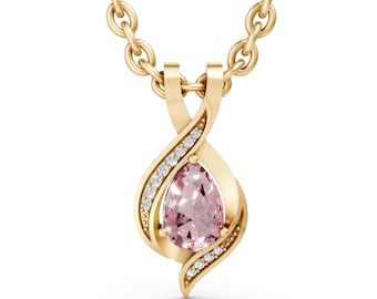 14K Gold Morganite Teardrop Pendant – Pear Cut Pink Gemstone, Moissanite Accents