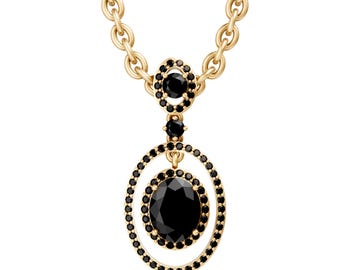 Oval Cut Black Onyx Pendant Necklace in 14K Yellow Gold, Halo Minimalist Style Drop Necklace, Bridal Gift Jewelry