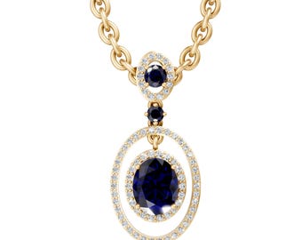 Oval Cut Blue Sapphire Pendant Necklace in 14K Yellow Gold, Halo Diamond Style Drop Necklace, Bridal Gift Jewelry