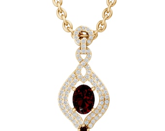 Oval Cut Garnet Pendant Necklace in 14K Yellow Gold, Halo Diamond Style Drop Necklace, Bridal Gift Jewelry