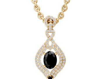 Oval Cut black onyx Pendant Necklace in 14K Yellow Gold, Halo Diamond Style Drop Necklace, Bridal Gift Jewelry