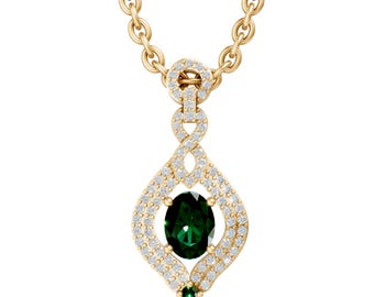 Oval Cut Emerald Pendant Necklace in 14K Yellow Gold, Halo Diamond Style Drop Necklace, Bridal Gift Jewelry