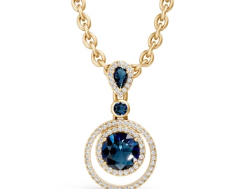 14K Gold London Blue Topaz Diamond Halo Pendant Necklace