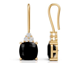 Cushion Cut Black Onyx  Drop Earrings, 14K Solid Gold Dangle Earrings with Diamond Accents, Unique Jewelry Gift for Her