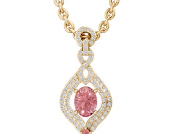 Oval Cut Morganite Pendant Necklace in 14K Yellow Gold, Halo Diamond Style Drop Necklace, Bridal Gift Jewelry