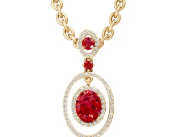 Oval Cut Ruby Pendant Necklace in 14K Yellow Gold, Halo Diamond Style Drop Necklace, Bridal Gift Jewelry