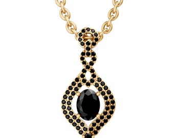 Oval Cut black onyx Pendant Necklace in 14K Yellow Gold, Halo Black Gemstone Style Drop Necklace, Bridal Gift Jewelry
