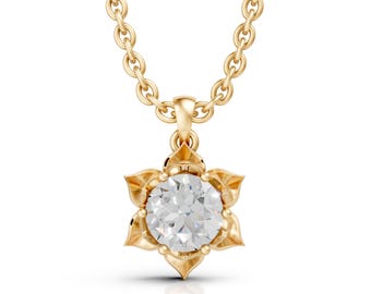 Wisiorek z moissanitem i lotosem ze złota 14K • Naszyjnik z diamentami w kwiaty