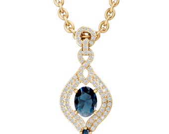 Oval Cut London Blue Topaz Pendant Necklace in 14K Yellow Gold, Halo Diamond Style Drop Necklace, Bridal Gift Jewelry