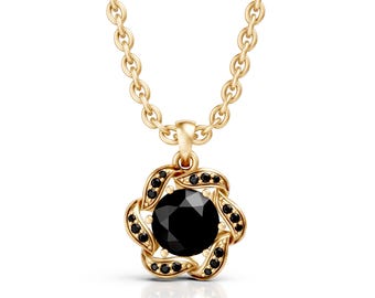 14K Gold Black Onyx Flower Pendant Necklace • Floral Charm
