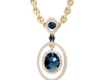 Oval Cut London Blue Topaz Pendant Necklace in 14K Yellow Gold, Halo Diamond Style Drop Necklace, Bridal Gift Jewelry