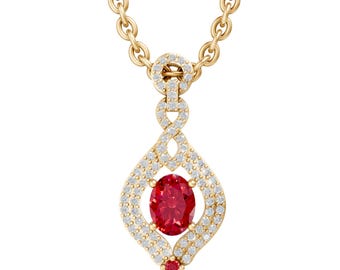 Oval Cut Ruby Pendant Necklace in 14K Yellow Gold, Halo Diamond Style Drop Necklace, Bridal Gift Jewelry