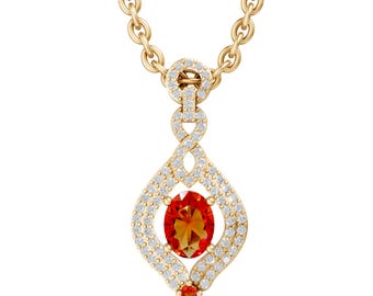 Oval Cut Citrine Pendant Necklace in 14K Yellow Gold, Halo Diamond Style Drop Necklace, Bridal Gift Jewelry