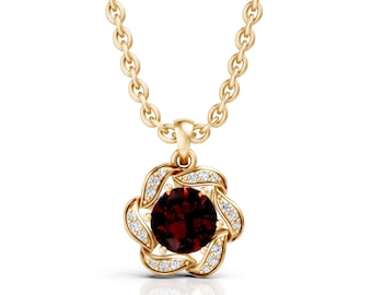 14 kt gouden granaatketting met bloemhanger • Geboortesteen januari