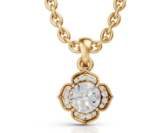 Naszyjnik z wisiorkiem z moissanitu 14K • Vintage Floral Halo