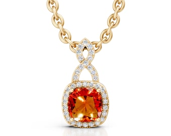 14K Gold Citrine Pendant Necklace – Diamond Halo, November Birthstone