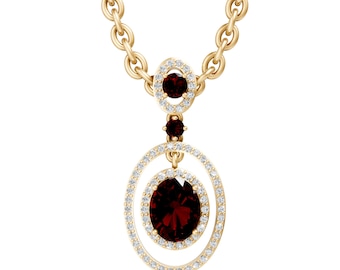Oval Cut Garnet Pendant Necklace in 14K Yellow Gold, Halo Diamond Style Drop Necklace, Bridal Gift Jewelry