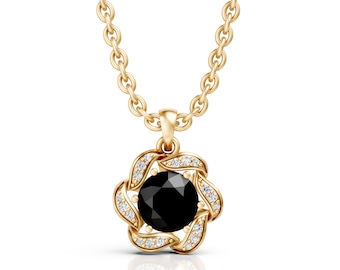 14 kt goud zwarte onyx ketting met bloemhanger • Bedel met diamantaccent