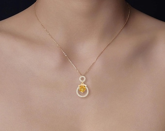 14K Gold Citrine Pendant Necklace – Diamond Halo, November Birthstone