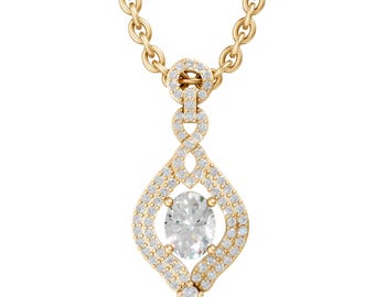 Oval Cut Moissanite Pendant Necklace in 14K Yellow Gold, Halo Diamond Style Drop Necklace, Bridal Gift Jewelry