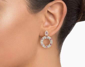 Elegant Morganite & Moissanite Diamond Halo Drop Pendant Necklace 14K Yellow Gold Circle Floral Design Statement Jewelry Gift for Her
