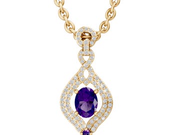 Oval Cut Amethyst Pendant Necklace in 14K Yellow Gold, Halo Diamond Style Drop Necklace, Bridal Gift Jewelry