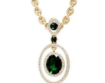 Oval Cut Emerald Pendant Necklace in 14K Yellow Gold, Halo Diamond Style Drop Necklace, Bridal Gift Jewelry