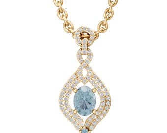 Oval Cut Aquamarine Pendant Necklace in 14K Yellow Gold, Halo Diamond Style Drop Necklace, Bridal Gift Jewelry