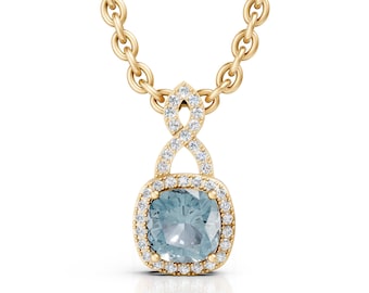 14K Gold Aquamarine Pendant Necklace – Diamond Halo, Cushion Cut