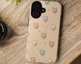 Pastel Heart Pattern Phone Case | Soft Colored Design, iPhone 17 16 15 14 13 Pro Max Plus, Samsung Galaxy S25 S24 S23 Ultra Plus