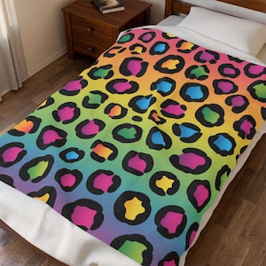 Rainbow Leopard Print Velveteen Plush Blanket | Neon Animal Print Throw, Birthday Gift, Christmas Gift