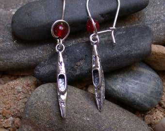 Handmade Kayak Charm Sterling Earrings With Carnelian Bead Earwires