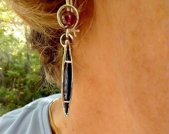 Handmade Canoe Charm Sterling Silver Earrings ~ Garnet Bead ~ Outdoor Jewelry