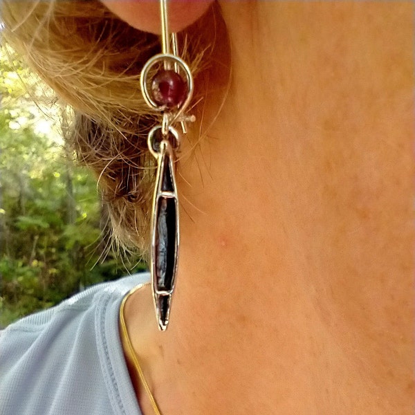 Handmade Canoe Charm Sterling Silver Earrings ~ Garnet Bead ~ Outdoor Jewelry