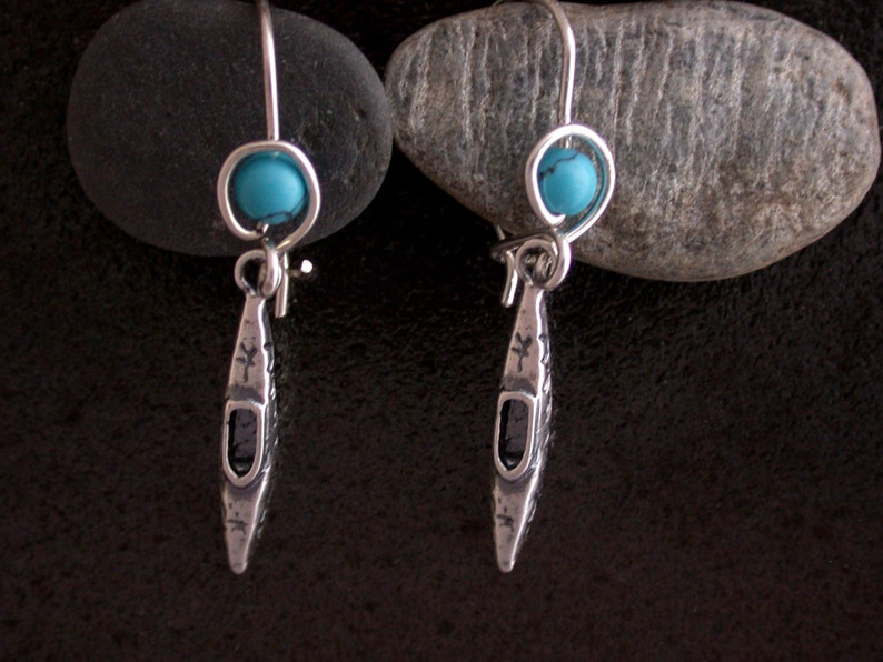 Handmade Sterling Kayak Charm Earrings Turquoise Bead Outdoor Jewelry image 2