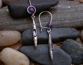 Handmade Kayak Charm Sterling Earrings ~ Sugilite Bead ~ Outdoor Jewelry