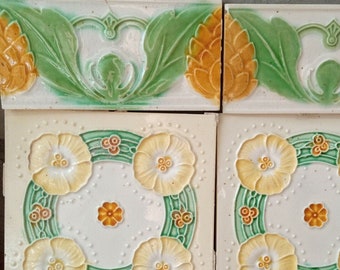 Reclaimed original period antique Belgian Art Nouveau Majolica 12 tile panel