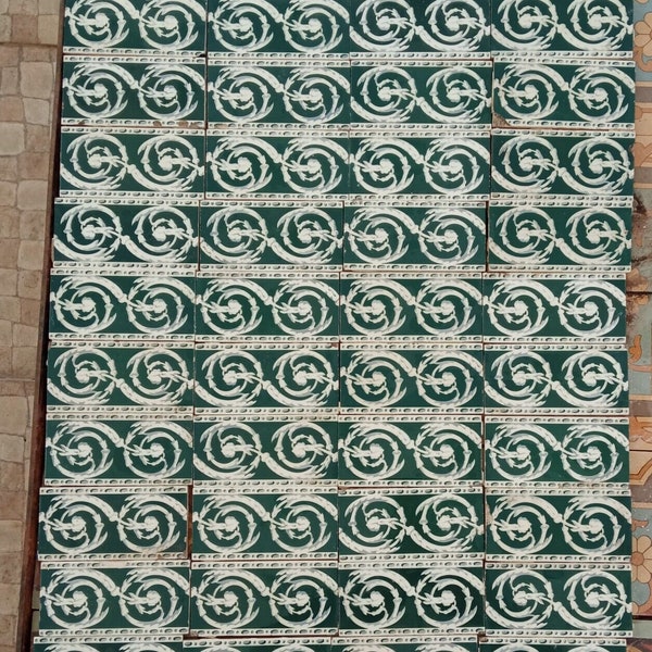 Lot of 43 original 6x3 in. antique tiles deep bluegreen & gray faiance ca 1900