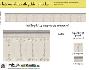 Original antique 3.5 meter reclaimed wall 60 tiles Art Nouveau white & golden