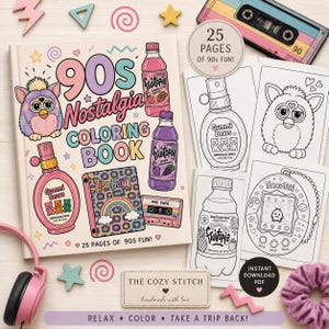 May include: A 90s Nostalgia colouring book with 25 pages of fun, featuring illustrations of a Furby, Fruitopia bottles, a Lisa Frank binder, and a cassette tape. Includes black and white colouring pages of a Gummi Bear spray, a Furby, and a Tamagotchi.